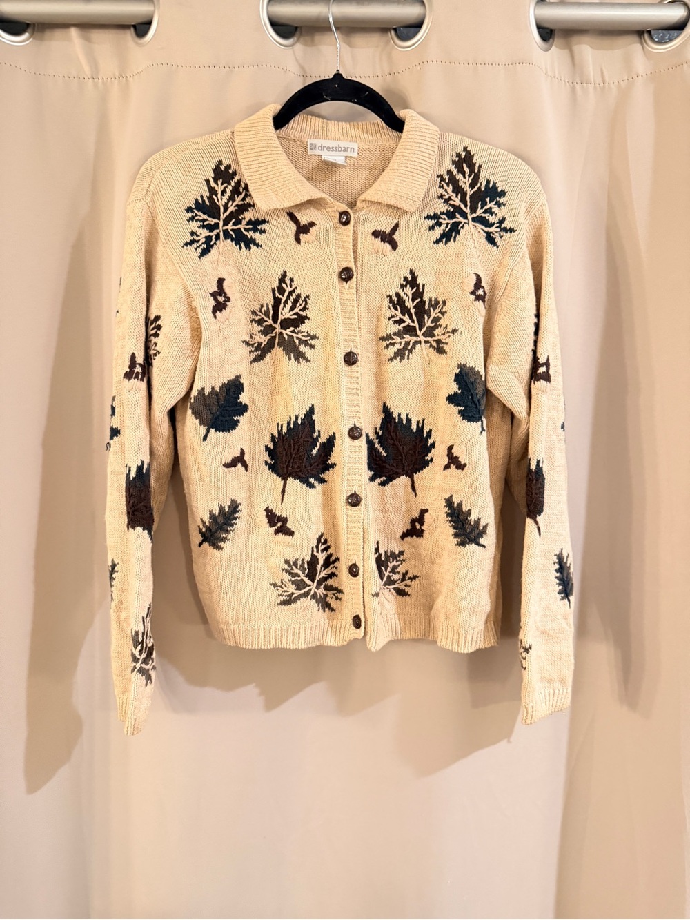 Dressbarn Cream Cardigan with Brown and Green Leaf Motif
